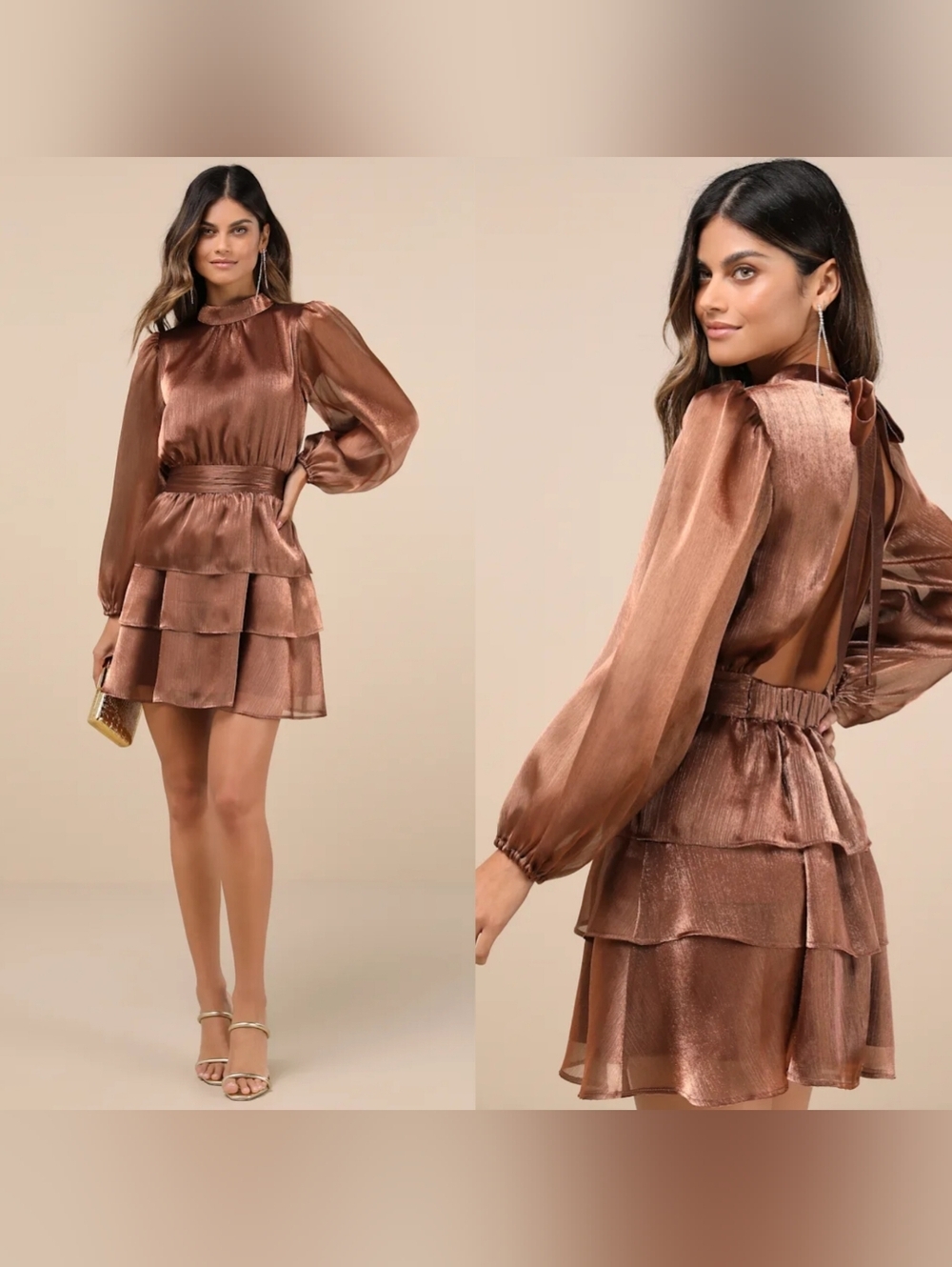 Lulus Ideal Behavior Bronze Metallic Backless Tiered Mini Dress M Wedding Party